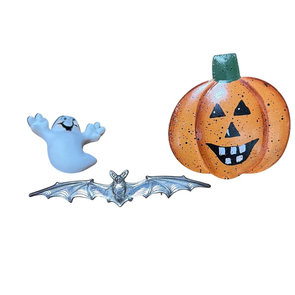 Vtg Halloween Brooch Lapel Pin Lot 3 Hallmark Ghost Silver Tone Bat JackOLantern